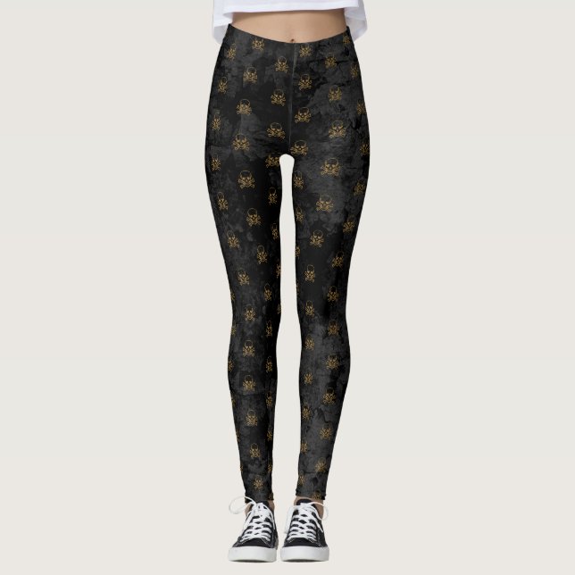 Leggings Patrón de huesos y cráneo del pirata de oro negro (Anverso)