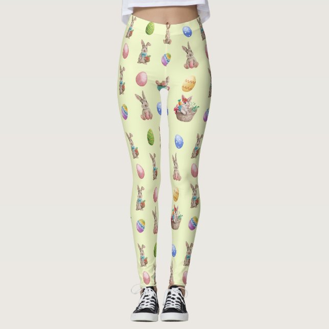 Leggings Patrón de huevos y conejillos de Pascua en amarill (Anverso)