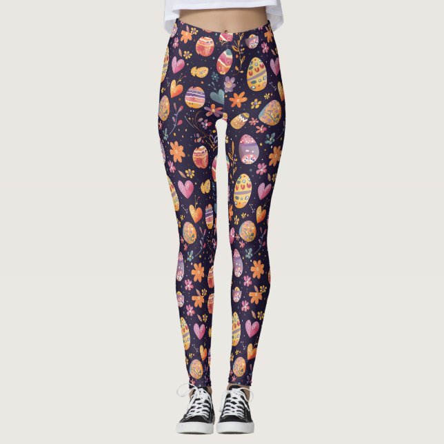 Leggings Patrón de Huevos y Flores de Pascua divertida (Anverso)