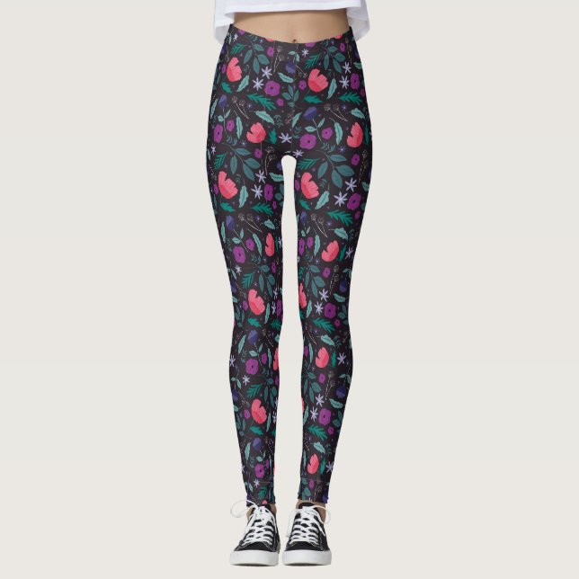 Leggings Patrón de Ilustracion floral rosa y púrpura (Anverso)
