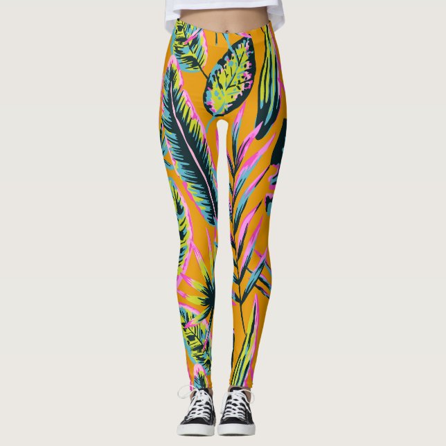 Leggings Patrón De Impresión De Hojas Tropicales Y Plantas  (Anverso)
