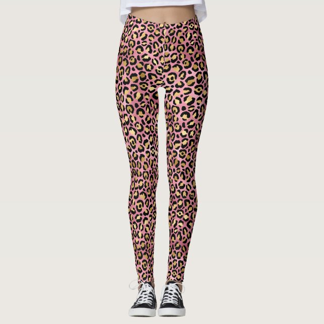 Leggings Patrón de impresión de leopardo rosa y dorado (Anverso)