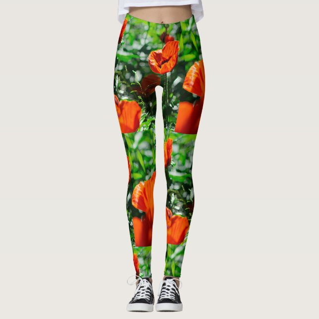 Leggings Patrón de jardín de flores de adormidera roja esti (Anverso)