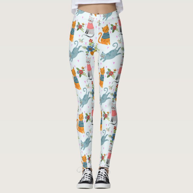 Leggings Patrón De Jardín De Gato Cuto En Flores (Anverso)