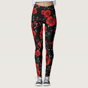 Leggings Patrón de la flor de la amapola roja