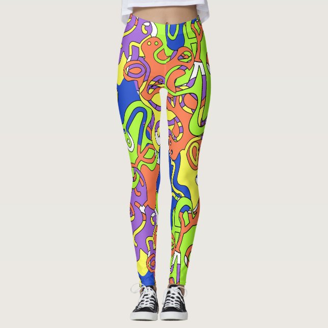 Leggings Patrón de laberinto de garabatos neón abstracto (Anverso)