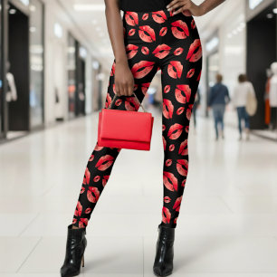 Leggings Patrón de Labios Rojos Negro