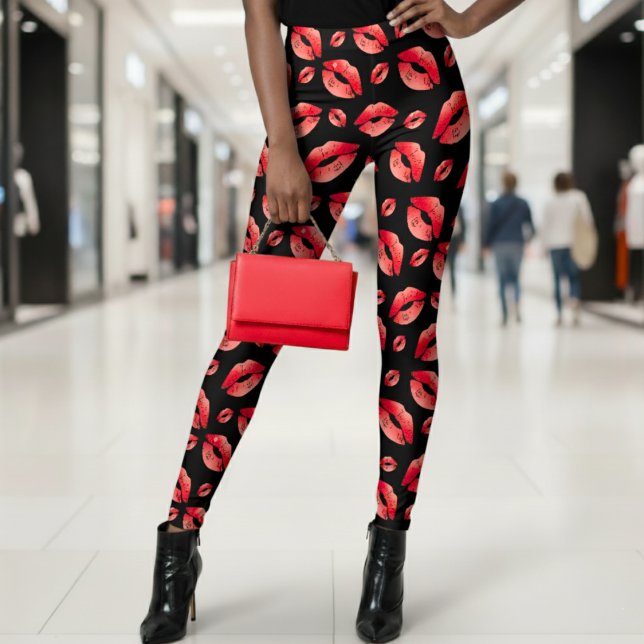 Leggings Patrón de Labios Rojos Negro (Red Lips Pattern Black Leggings
)