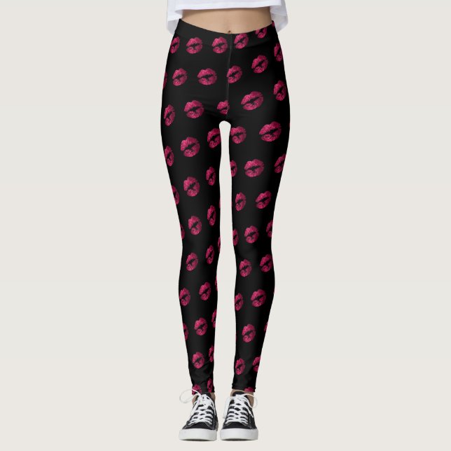 Leggings Patrón de lápiz labial de Purpurina rosa caliente (Anverso)