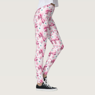 Leggings Patrón de lazo coquette rosa de moda con aspecto f