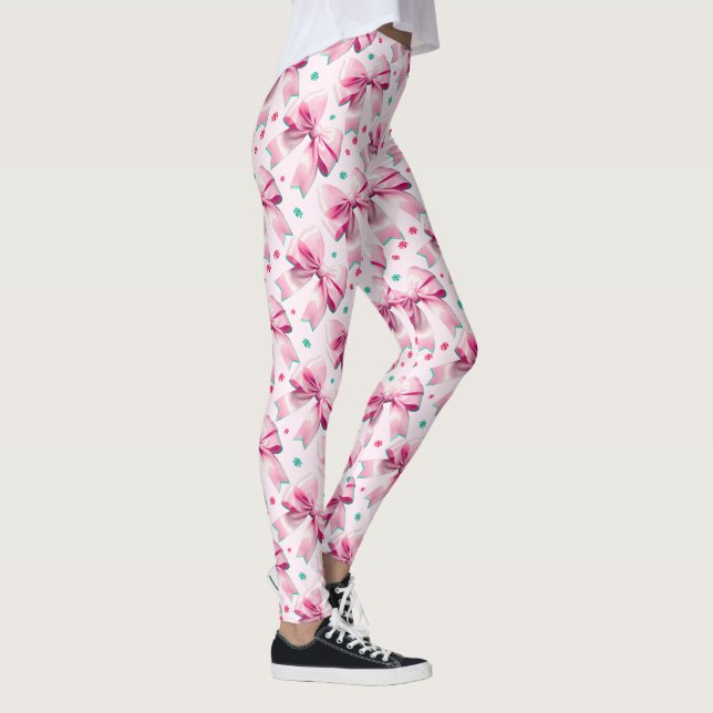 Leggings Patrón de lazo coquette rosa de moda con aspecto f (Derecha)