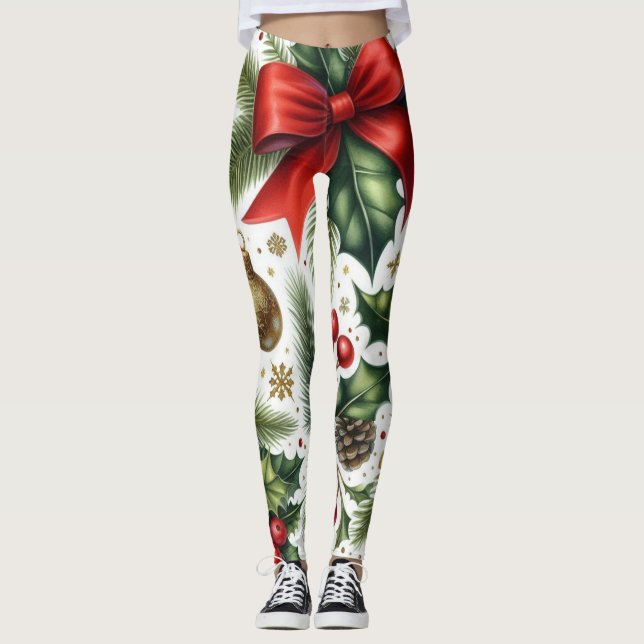 Leggings Patrón de lazo rojo de Navidad en blanco  (Anverso)