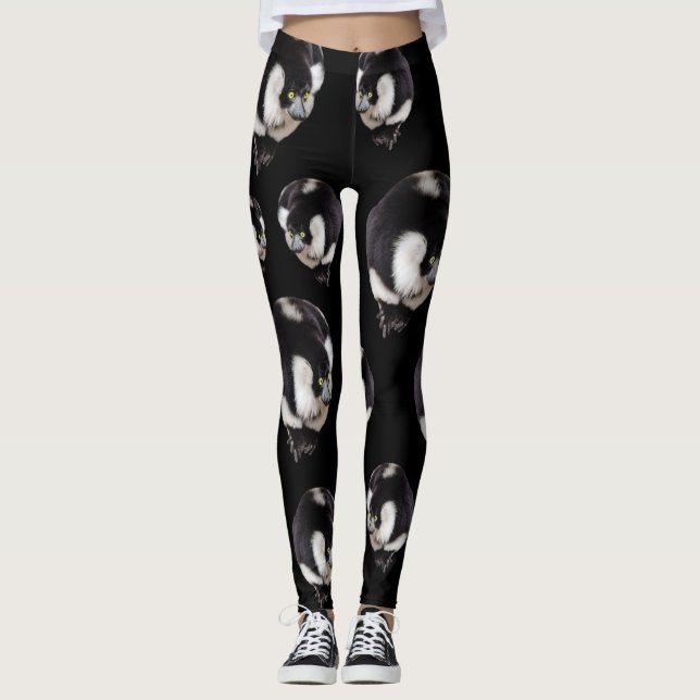 Leggings Patrón de lémur blanco negro - Piernas de impresió (Anverso)