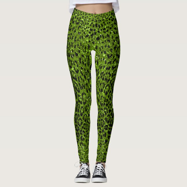 Leggings Patrón de leopardo verde Purpurina (Anverso)