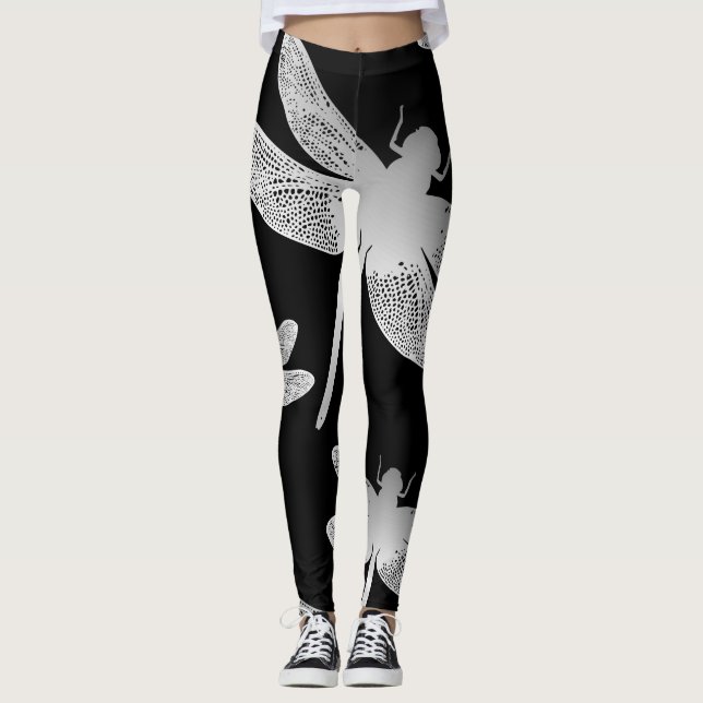 Leggings Patrón de libélula negra y blanca (Anverso)