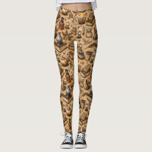 Leggings Patrón de libros y velas de brujería vintage (2)