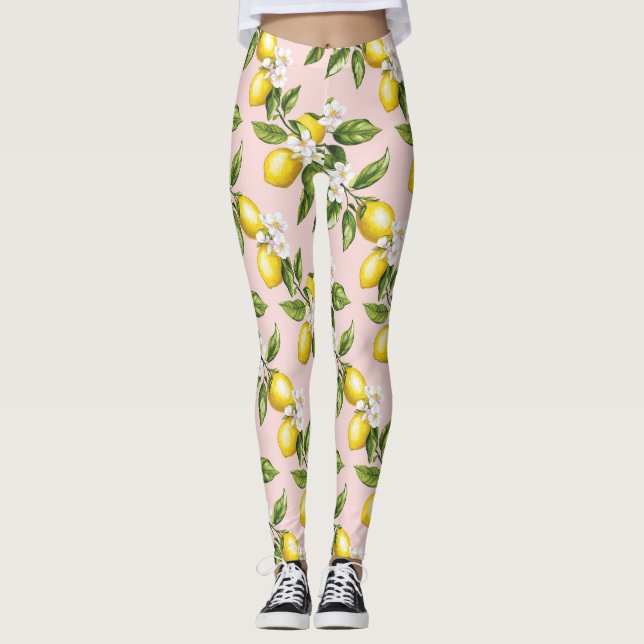 Leggings Patrón de limón y flores de época sobre rosa (2) (Anverso)