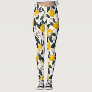 Leggings Patrón de limón y flores rosadas vintage