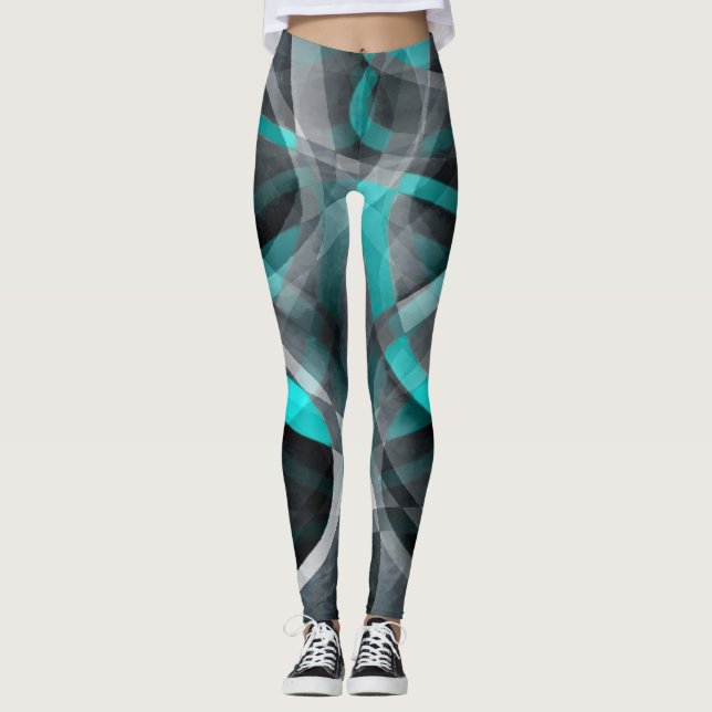 Leggings Patrón de línea arcaica gris y turquesa de ochenta (Anverso)