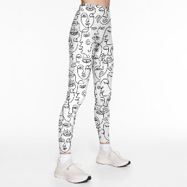 Leggings Patrón de línea de la cara blanca negra del resume