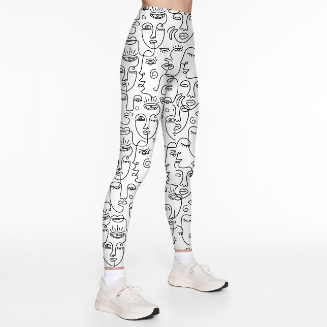 Leggings Patrón de línea de la cara blanca negra del resume (Modern abstract black and white face line pattern design printed leggings.)