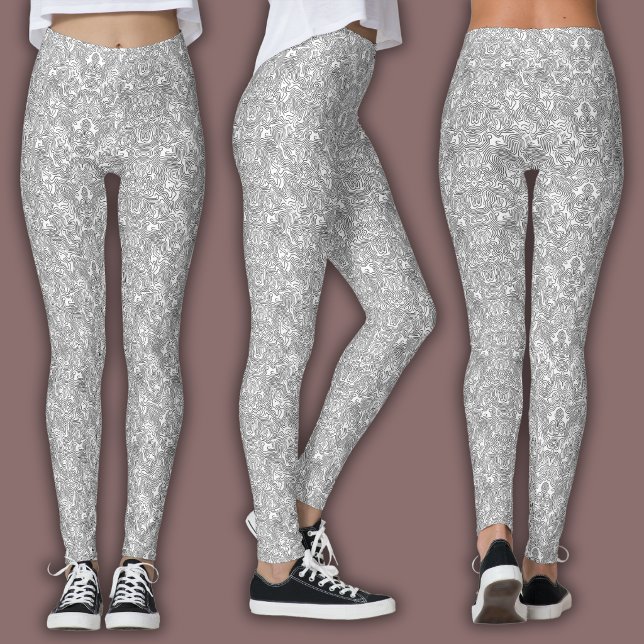Leggings Patrón de línea topográfica | Blanco y negro (Subido por el creador)
