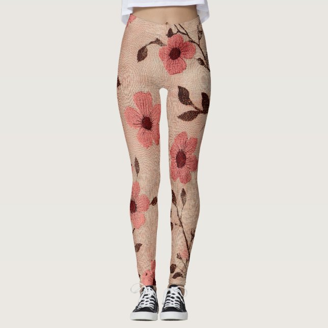 Leggings Patrón de Lino Floral Beige Rústico (4) (Anverso)