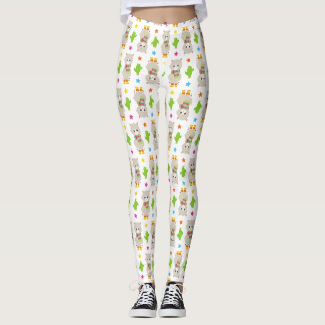 Leggings Patrón De Llamas, Llamas Cutas, Alpacas, Cactus (Anverso)