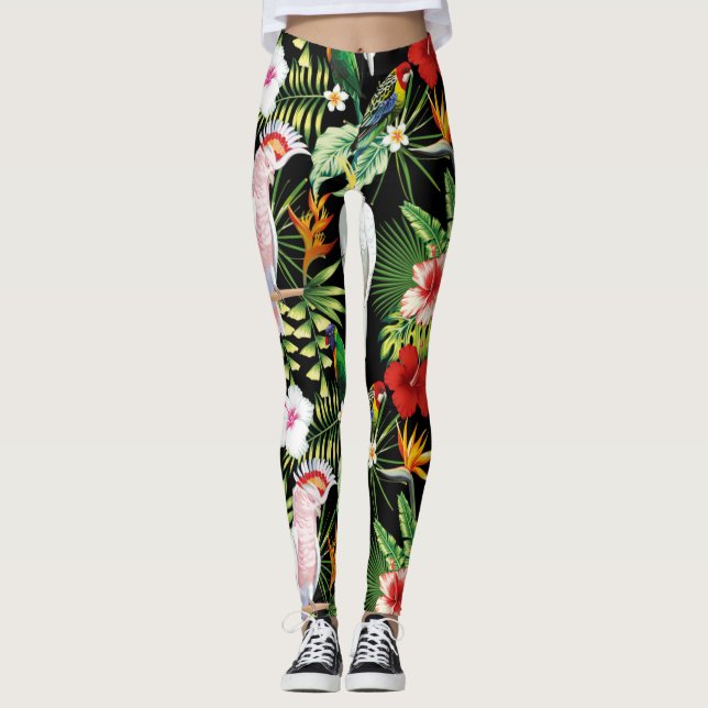 Leggings Patrón de loro y macao con plantas tropicales (Anverso)