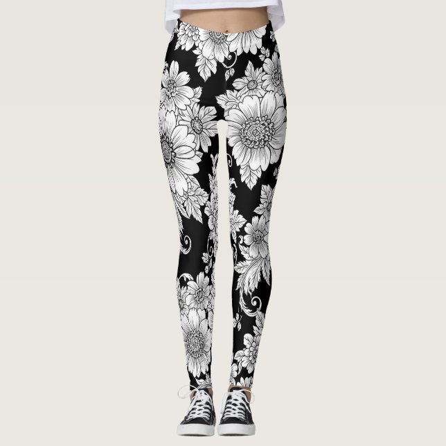 Leggings Patrón de lujo floral monocromo chic (2) (Anverso)