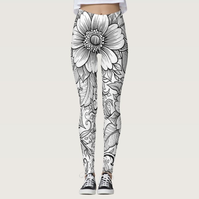 Leggings Patrón de lujo floral monocromo chic (3) (Anverso)