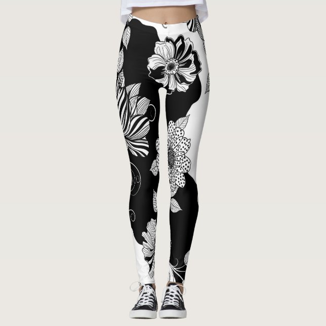 Leggings Patrón de lujo floral monocromo chic (4) (Anverso)
