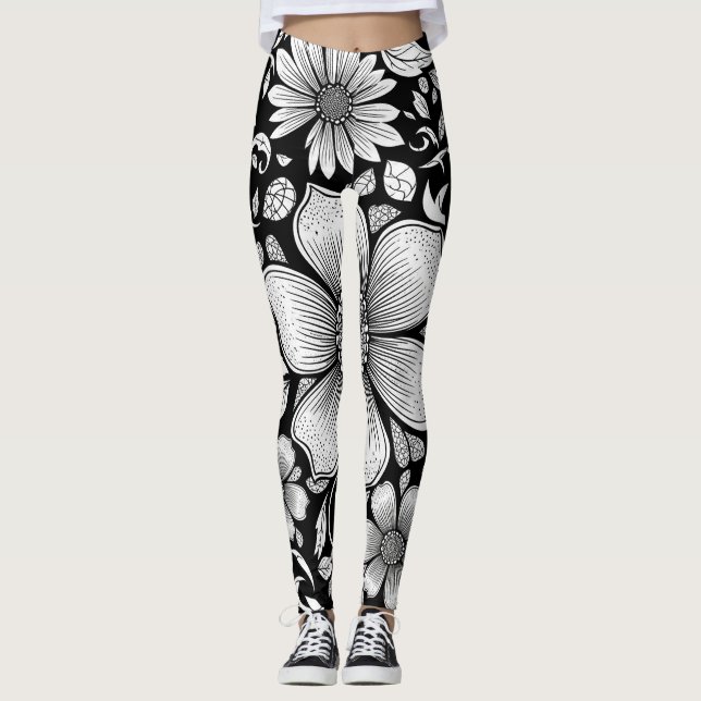 Leggings Patrón de lujo floral monocromo chic (6) (Anverso)