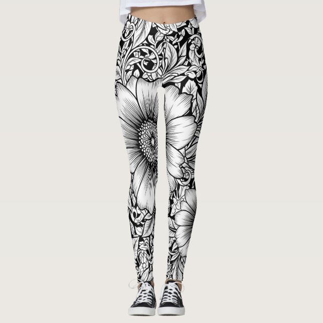 Leggings Patrón de lujo floral monocromo chic (7) (Anverso)