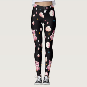 Leggings Patrón de luz de luna de búho rosa
