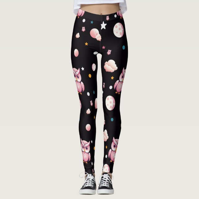 Leggings Patrón de luz de luna de búho rosa (Anverso)