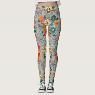 Leggings Patrón de macetas de flores multicolor. Gris negro
