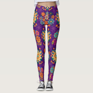 Leggings Patrón de macetas de flores multicolores - Púrpura