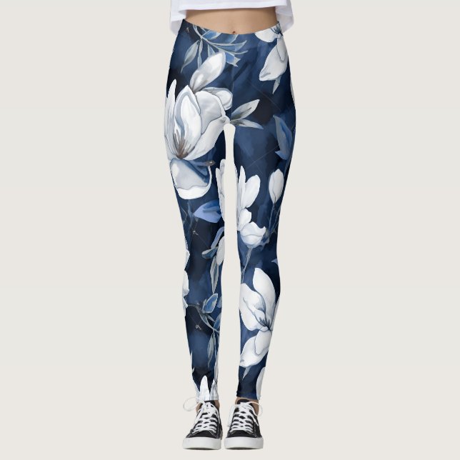 Leggings Patrón de Magnolia Blanca al fondo de la medianoch (Anverso)