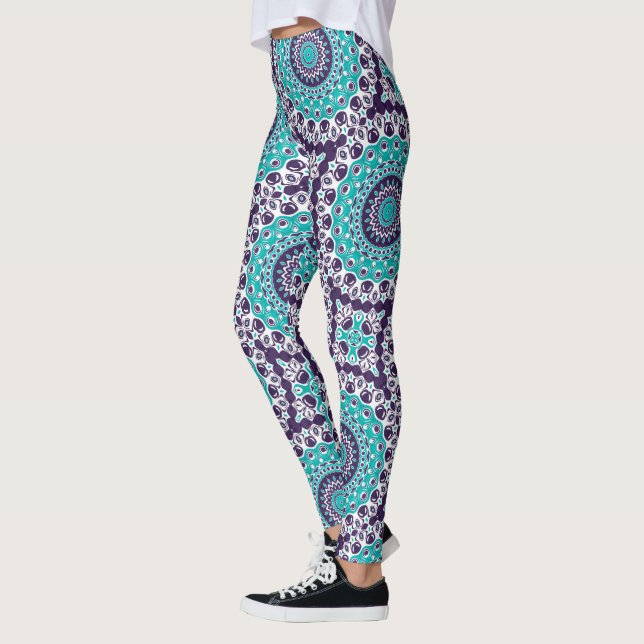 Leggings Patrón de mandala abstracto verde azulado y violet (Izquierda)