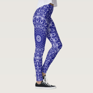 Leggings Patrón de Mandala Azul Medianoche y Blanco