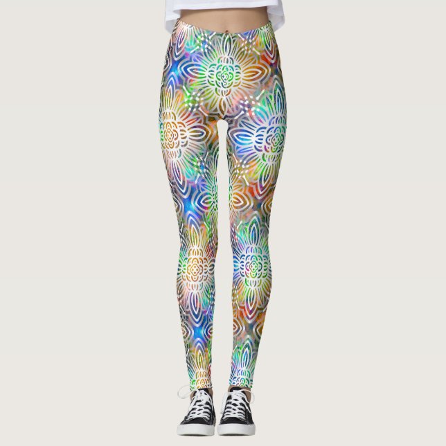 Leggings Patrón de Mandala blanco sobre tonos de joyas colo (Anverso)