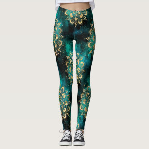 Leggings Patrón de Mandala Dharma de Galaxia Dorada y Verde