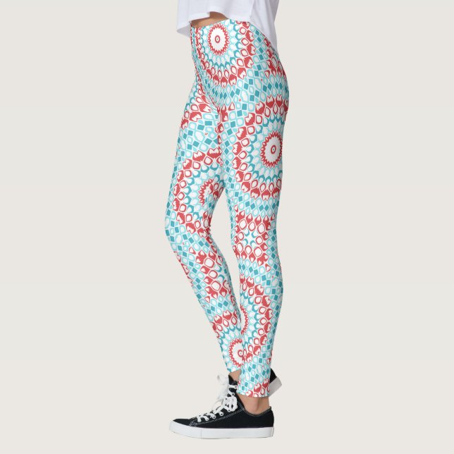 Leggings Patrón de Mandala Geométrica de Red y Aqua (Izquierda)
