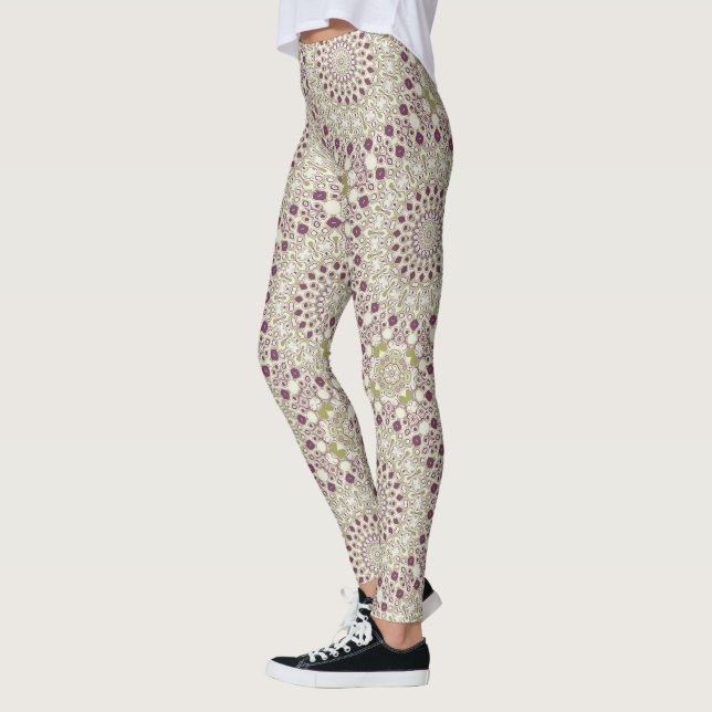 Leggings Patrón de Mandala Geométrica Púrpura y Oliva (Izquierda)