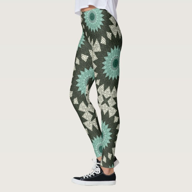 Leggings Patrón de Mandala Geométrica verde azulada y Verde (Izquierda)