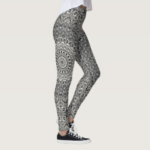 Leggings Patrón de Mandala Geométrico Blanco y Negro