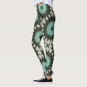 Leggings Patrón de Mandala Geométrico Verde y Turquesa