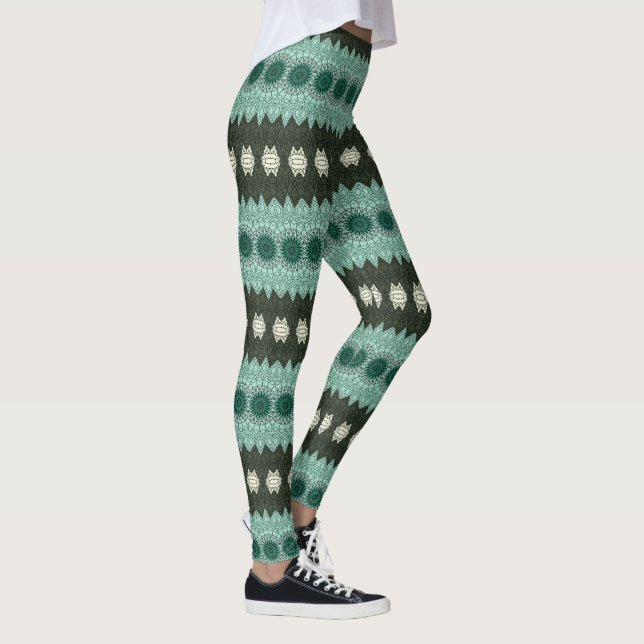 Leggings Patrón de Mandala Geométrico Verde y Turquesa (Derecha)