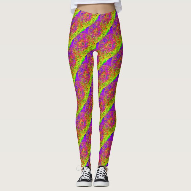 Leggings patrón de mandala púrpura rayado diagonal amarillo (Anverso)
